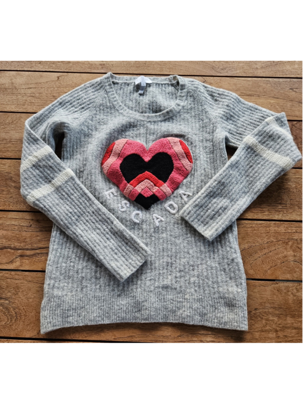 Vintage Escada Grey Ribbed Knit Graphic Heart Sweater Wool Blend Size M
